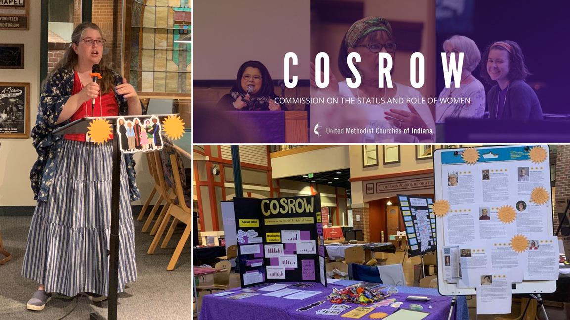 The Rev. Crystal Jacobson welcoming leaders from the Indiana Conference to their COSROW luncheon, COSROW booth display, 2022. Courtesy of Rev. Jacobson.