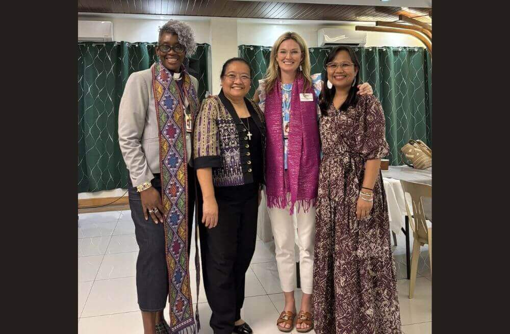 GCSRW Board members Bishop Ruby Nell Estrella (left center), Jennifer Ferariza-Meneses (right), and Board President Bishop Delores Williamston (left) with GCSRW General Secretary Rev. Stephanie York Arnold (right center) at the Board of Women’s Work meeting in the Philippines Central Conference.