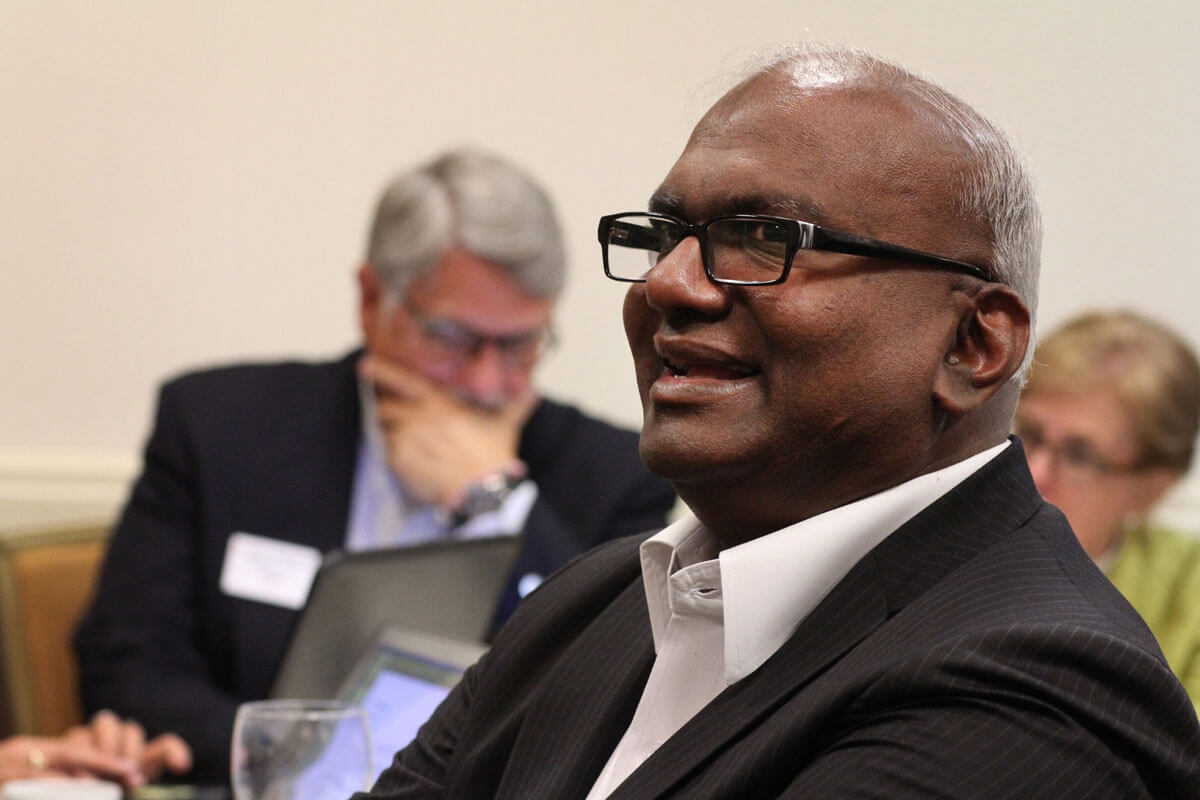 Moses Kumar listens during the quadrennial budget discussion of the Connectional Table Finance Committee and the General Council on Finance and Administration held in Nashville, Tenn. Photo by Kathleen Barry, United Methodist Communications.
