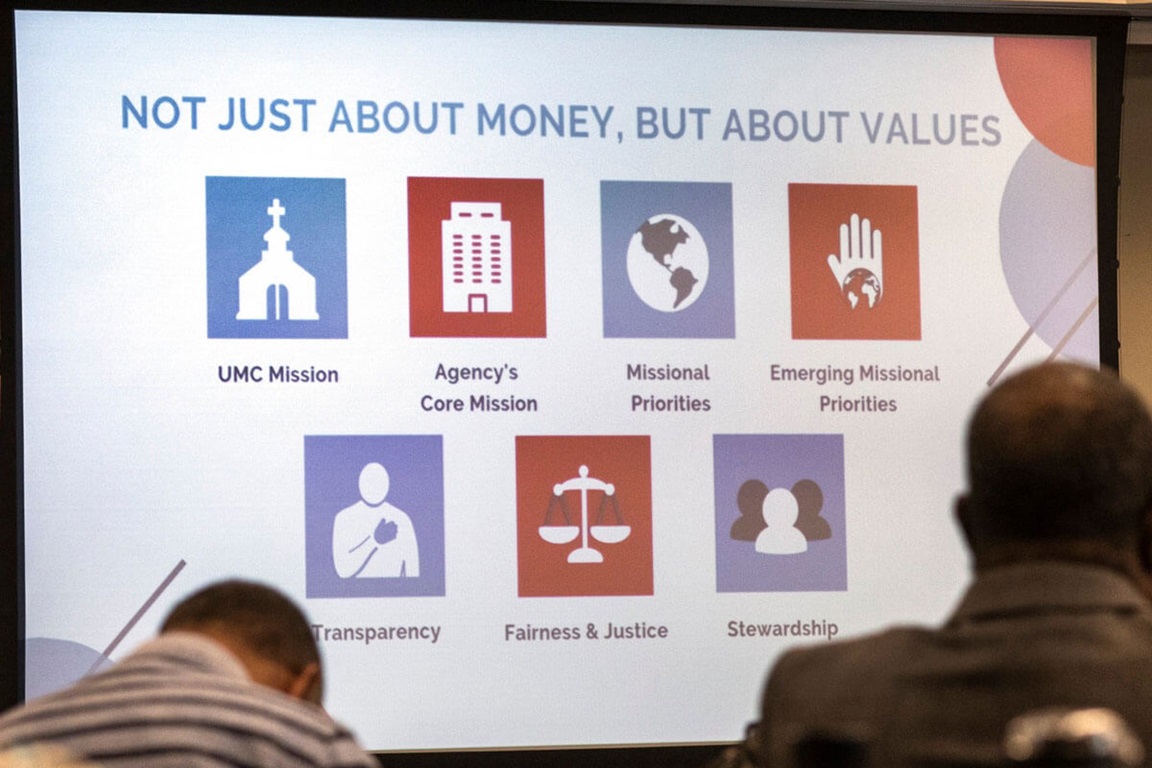 Connectional Table's "Values" slide, projected on a screen during a 2019 meeting.