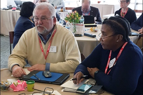 Members of the Connectional Table talk during the April 1028 meeting in Chicago, Illinois. The 64-member leadership body that brings together laity and clergy to coordinate the denomination’s ministries, mission and resources discussed the world-wide nature of the church and the upcoming special General Conference in 2019. Photo by Heather Hahn, UMNS.