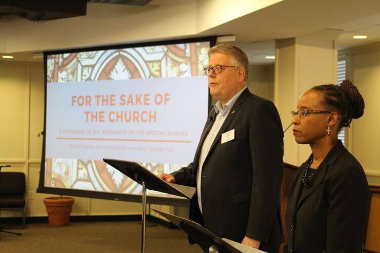 Bishop Alsted and the Rev. Kennetha J. Bigham-Tsai deliver the “For the Sake of the Church” statement at the Connectional Table meeting in April 2019. Photo courtesy Connectional Table.