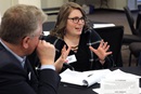 The Rev. Sarah Belles joins the conversation during the Connectional Table meeting held at United Methodist Discipleship Ministries in Nashville, Tenn., April 3. Photo by Kathleen Barry, UM News.