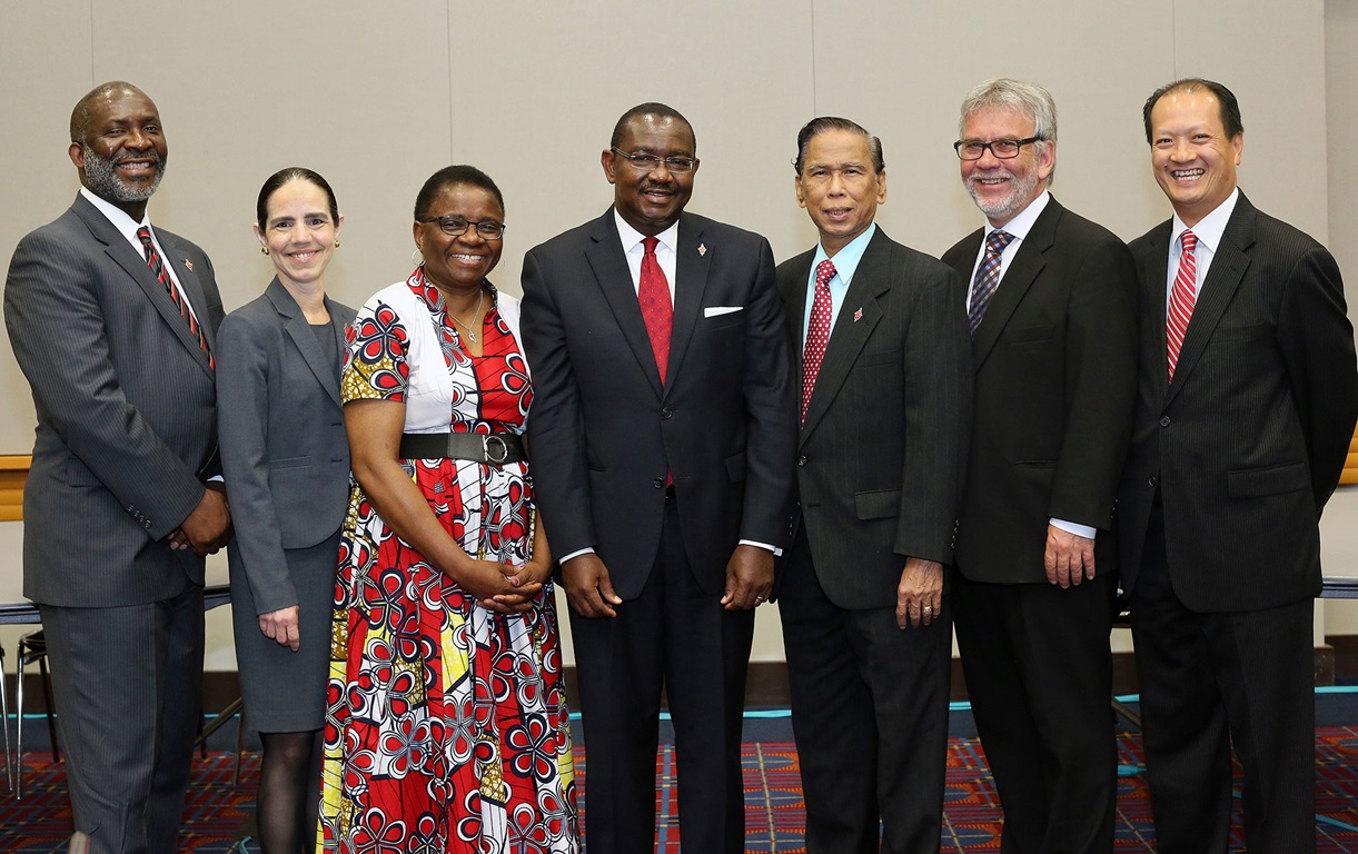 Members of the United Methodist Judicial Council for 2016-2020 met briefly during General Conference 2016. From left are the Rev. Dennis L. Blackwell, Beth Capen, the Rev. J. Kabamba Kiboko, N. Oswald Tweh Sr., Ruben Reyes, the Rev. Øyvind Helliesen, and the Rev. Luan-Vu Tran of Lakewood, Calif. Not pictured are Deanell Reese Tacha and Lídia Romão Gulele. Photo by Kathleen Barry, UMNS.
