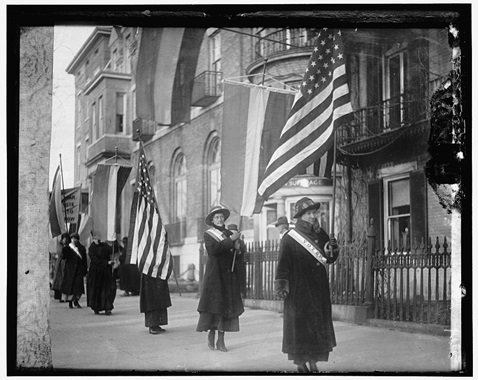 Suffragettes march with flags in Washington, D.C., in an archival image dated 1910 to 1920. Six Methodist women advocated for women’s voting rights as part of their Christian calling. Photo courtesy of the Library of Congress, Prints and Photographs Division.