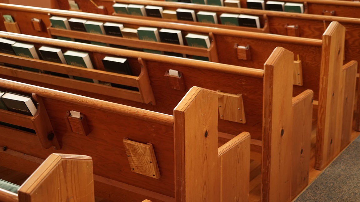 Photo of empty church pews. Pixabay 1398784. Photo by Milt Ritter, Pixabay,  CC0 Public Domain.