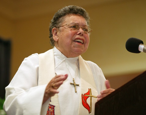 United Methodist Bishop Leontine T.C. Kelly preaches during the first reunion of the former Central Jurisdiction of the Methodist Church, a racially segregated church structure, in College Park, Ga., in 2004. Kelly, who died in 2012, was elected in 1984 as the denomination’s first African-American woman bishop. File photo by Mike DuBose, UMNS.