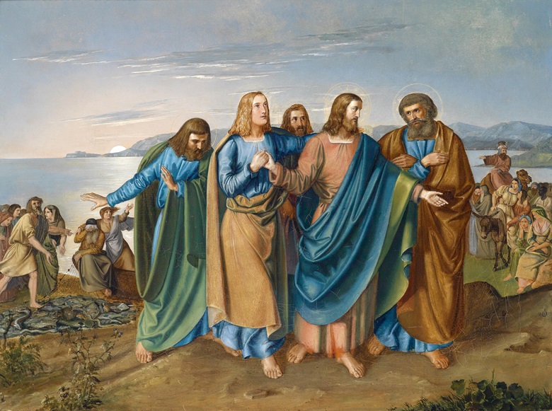 갈릴리 바다에서 예수와 제자들을 칼 빌헬름 프리드리히 오스터리가 1833년에 그린 그림으로 위키미디아 커먼이 사진 제공. 칼 빌헬름 프리드리히 오스터리는 독일 미술사학자, 화가 및 대학교수. 개인 소장품. 