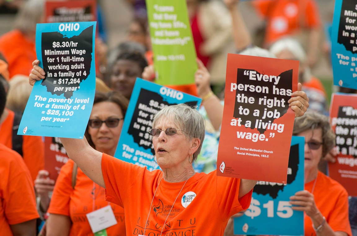 Joni Lincoln (center) of the Upper New York Conference joins other United Methodist Women in a rally for a fair living wage on the steps of the Ohio Statehouse in Columbus during the United Methodist Women Assembly 2018 in May. File photo by Mike DuBose, UMNS.