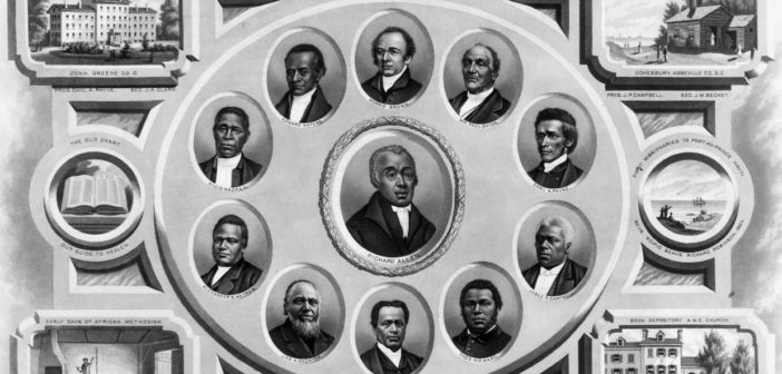 Richard Allen (center), the founder of the African Methodist Episcopal (A.M.E.) denomination, is depicted with other bishops in this 1876 lithograph. Scenes surrounding the portraits include Wilberforce University, Payne Institute, missionaries in Haiti, and the A.M.E. church book depository in Philadelphia. 