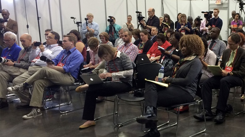 File photo shows press conference during GC 2016 in Portland.  Courtesy of United Methodist Communications.
