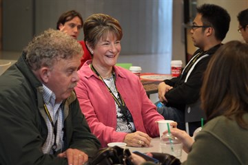 Several people converse during a break at the 2013 Relevance LEAD held at the University of Nevada campus. Photo by Kathleen Barry, United Methodist Communications.