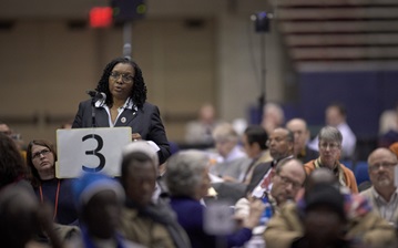 Delegate Gail Douglas-Boykin from the New York Conference speaks during the 2019 United Methodist General Conference in St. Louis on Feb. 25. Photo by Paul Jeffrey, UMNS.