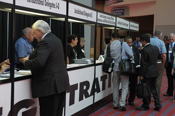 Delegates to the United Methodist 2016 General in Portland, Ore., register on opening day, May 10. Photo by Maile Bradfield, UMNS.