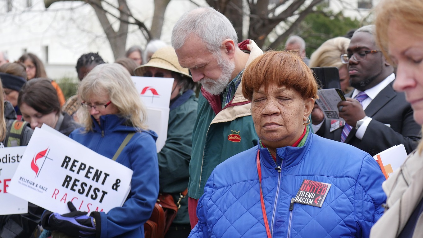 United Methodists gathered and prayed at an event leading up to a national rally to end racism. Photo by Kathy L. Gilbert, UMNS.
