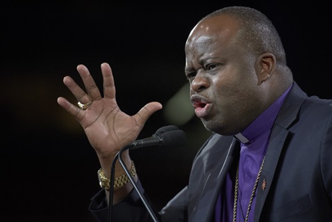Bishop Mande Muyombo speaks to the February 23, 2019, opening session of the Special Session of the General Conference of The United Methodist Church. Photo by Paul Jeffrey for United Methodist News Service.