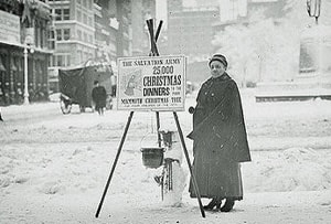 The kettles and bells of The Salvation Army have been part of the Christmas collection for many years. Photo public domain via The Library of Congress.