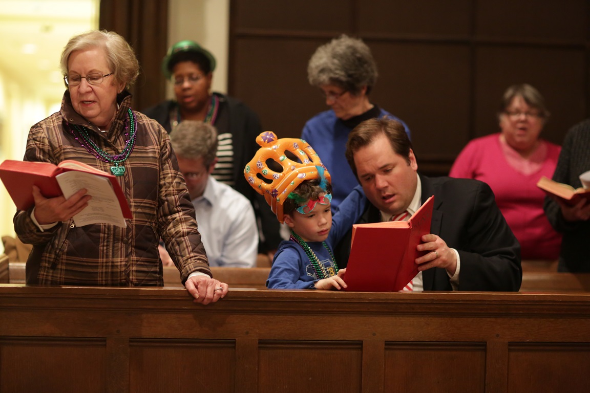  Congregants of West End United Methodist church join in singing from the hymnal during the Shrove Tuesday celebration held March 2, 2014 at West End United Methodist Church. Photo by Kathleen Barry, UMNS. 