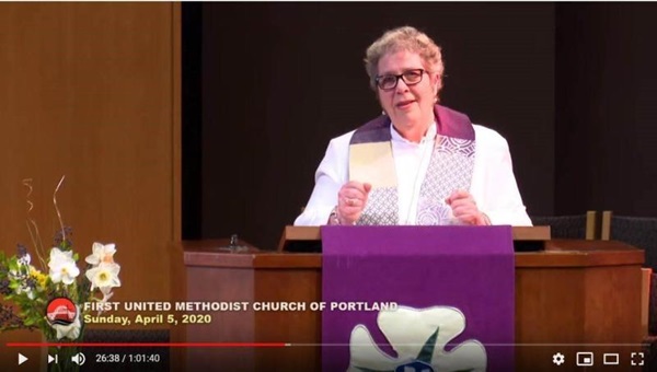 The Rev. Donna Pritchard preaches online from First United Methodist Church, Portland, Oregon. Screengrab by Crystal Caviness, UM Communications.