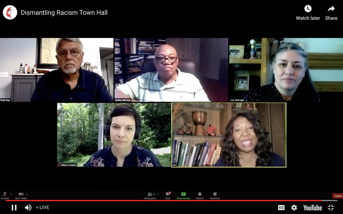 Panelists discuss Methodism’s record on race during a livestreamed denominational town hall meeting. The gathering was moderated by Erin Hawkins (bottom right) of the United Methodist Commission on Religion and Race. Panelists included (clockwise from bottom left): Alison Collis Greene, The Revs. Alfred T. Day III, William Bobby McClain and Lisa Dellinger. UM News screenshot via YouTube.