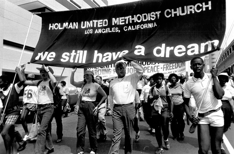March for Peace, Jobs and Freedom on the 20th anniversary of the original march in Washington, D.C. 1984. The Rev. James Lawson (center) leads a group from Holman United Methodist Church in Los Angeles. Photo by John C. Goodwin, United Methodist Board of Global Ministries.