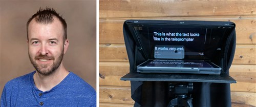 The Rev. Josh Doughty and the teleprompter he creatively made in his garage. Courtesy of the Minnesota Annual Conference.