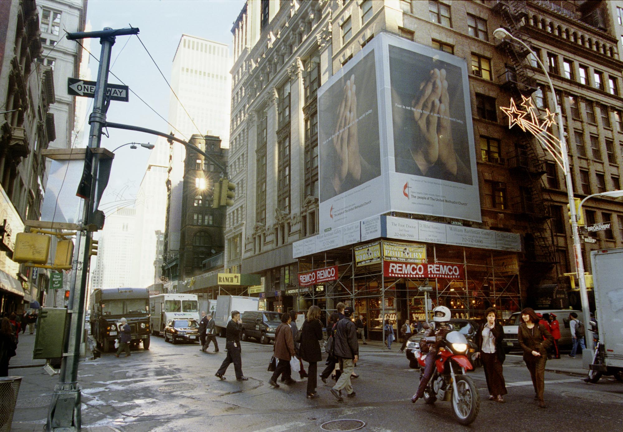 A 45-foot-high billboard in the Wall Street district of Manhattan was erected in November 2001, just two blocks from ground zero, to offer passersby a word of encouragement from United Methodists. Photo by John C. Goodwin, UMNS.