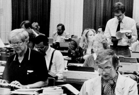 The newsroom at the 1988 General Conference in St. Louis. Photo courtesy of United Methodist Communications.