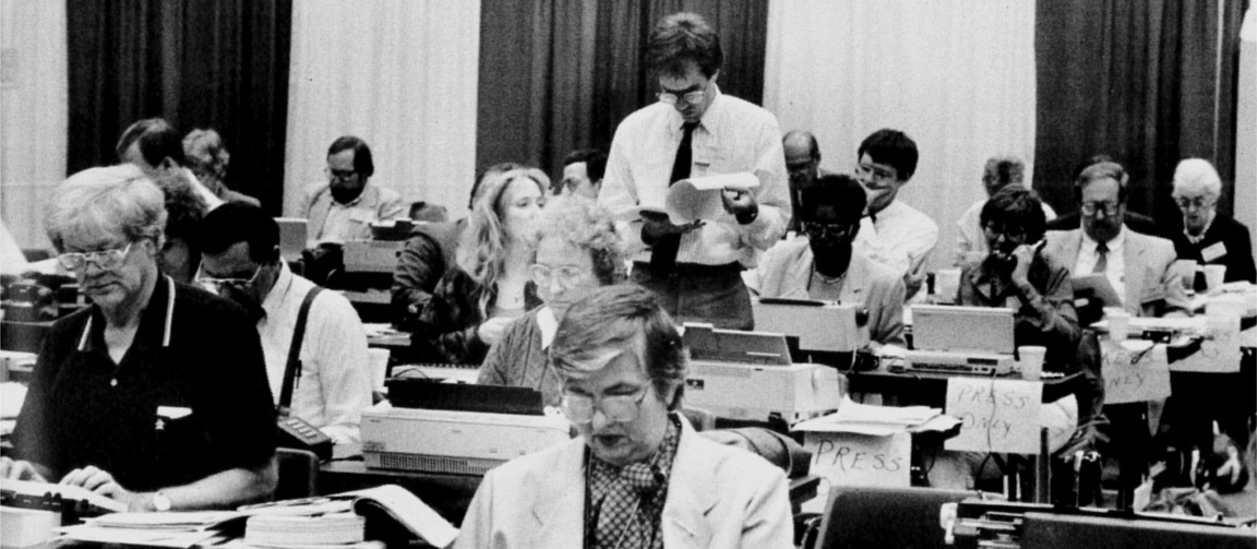 The newsroom at the 1988 General Conference in St. Louis. Photo courtesy of United Methodist Communications.