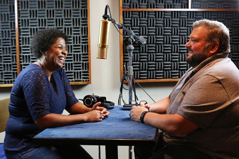 United Methodist Communications strives to engage people with dynamic content targeted to the interests of distinct audiences: seekers, members, church leaders and news.  Sheila Bates, director of student faith and leadership formation at United Methodist Higher Education & Ministry, joins Joe Iovino for a podcast in the audio studio of United Methodist Communications. Photo by Kathleen Barry, United Methodist Communications.