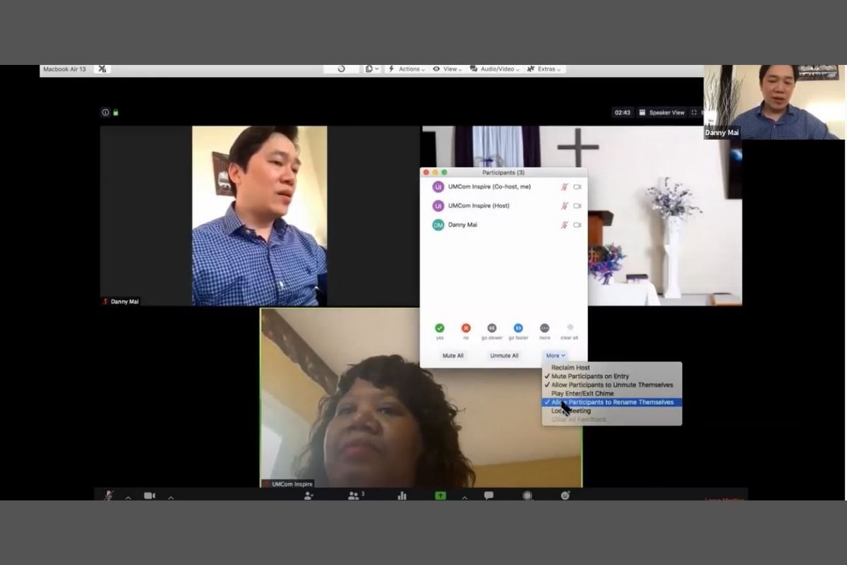 Screen grab of United Methodist Communications staff members Danny Mai (upper) and Sheila Mayfield (lower) participating in the Local Church Learning Session: Getting Started with Zoom for Worship and Small Groups. (Image courtesy of United Methodist Communications.)
