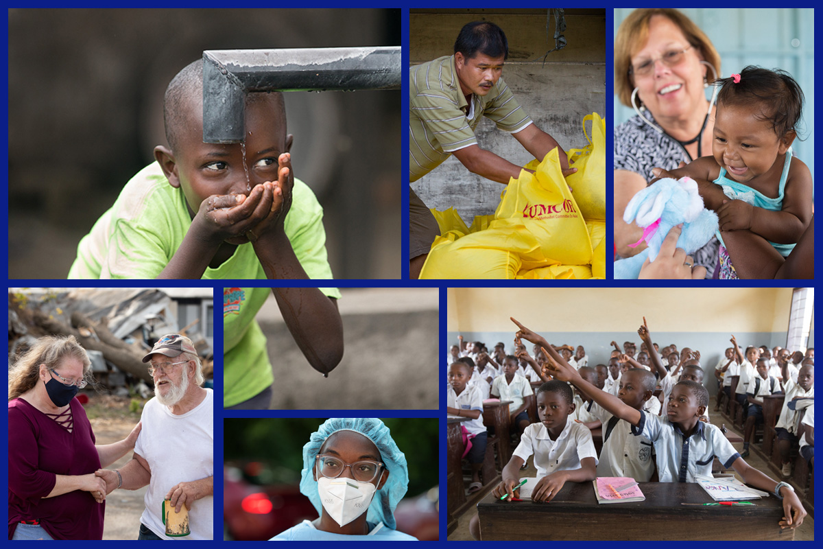 (clockwise from top left) Water project in Liberia; relief supplies in Philippines; doctor and patient in Brazil; primary school in Democratic Republic of Congo; dental student in US; disaster response in US; photos by Mike DuBose, UM News. (clockwise from top left) Water project in Liberia; relief supplies in Philippines; doctor and patient in Brazil; primary school in Democratic Republic of Congo; dental student in US; disaster response in US; photos by Mike DuBose, UM News.