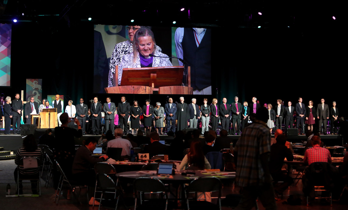 Bishop Swenson introduces leaders of other denominations as part of the Ecumenical Day service at the 2016 General Conference. Photo by Kathleen Barry, UMNS.