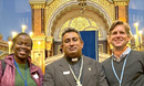 GBCS staff members Laura Kigweba James, left, and John Hill, right, with the Rev. James Bhagwan, a Methodist minister from Fiji, at a COP26 interfaith service and dialogue Oct. 31 at Garnethill Synagogue in Glasgow.