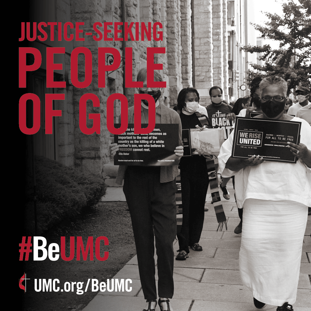 We challenge unjust systems and work to secure equal opportunities for all. The #BeUMC campaign reminds us of who we are at our best — the spirit-filled, resilient, connected, missional, faithful, diverse, deeply rooted, committed, disciple-making, Jesus-seeking, generous, justice-seeking, world-changing people of God called The United Methodist Church. Social media graphic, English.