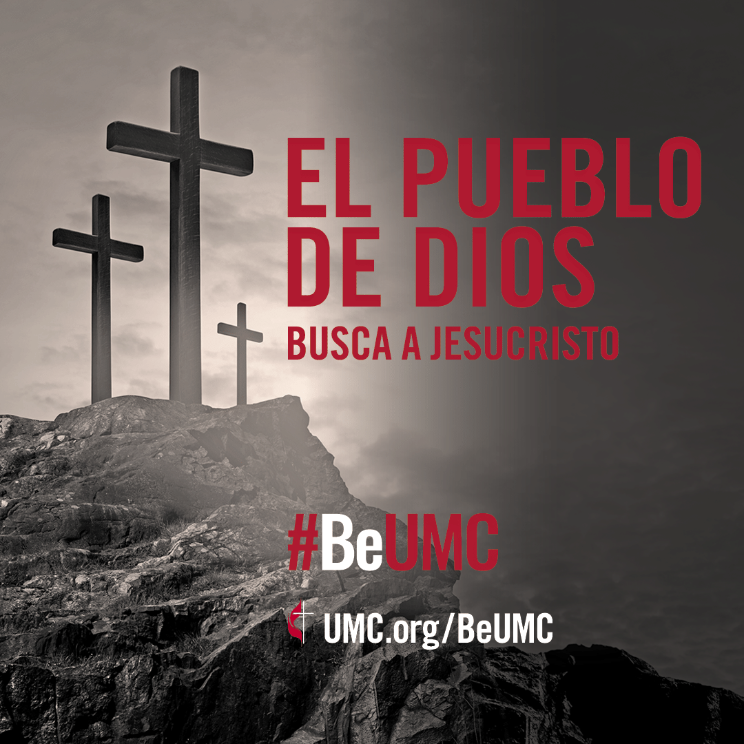 We cherish our deepening relationship with God. The People of God campaign celebrates the core values that connect the people of The United Methodist Church. Image for Jesus-seeking, crosses (social media graphic, Spanish).