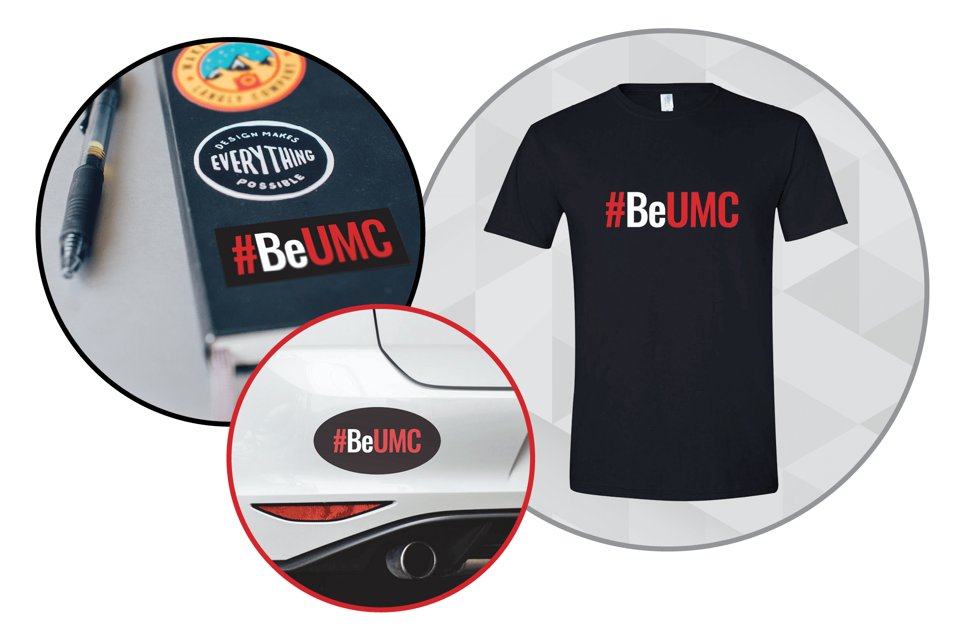 Show your commitment to #BeUMC with these products (T-shirt, sticker or magnet).