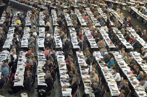 Delegates to the United Methodist Church's 2004 General Conference consider legislation from their seats in the David L. Lawrence Convention Center in Pittsburgh. A UMNS photo by John C. Goodwin.
