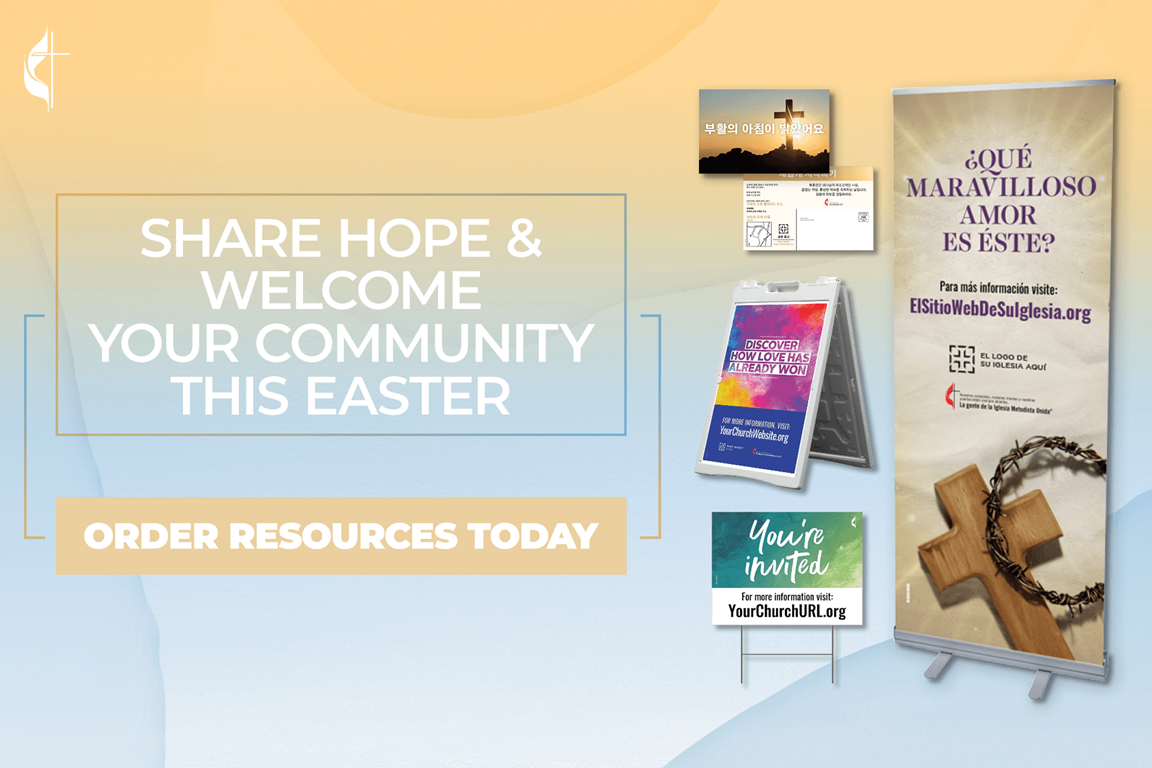 Encourage those in your community to take part in your Easter worship services with the help of our outreach resources. Choose from banners, signs, posters, postcards, invitation cards and more, all featuring a wide variety of designs and messages. Image shows a selection of designs from United Methodist Communications.