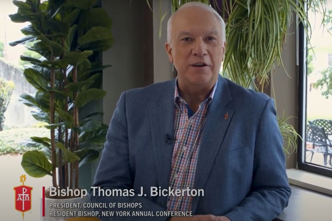 Bishop Thomas J. Bickerton shown delivering a message via a brief video message for annual conferences and local churches.  (Image courtesy of United Methodist Communications.)