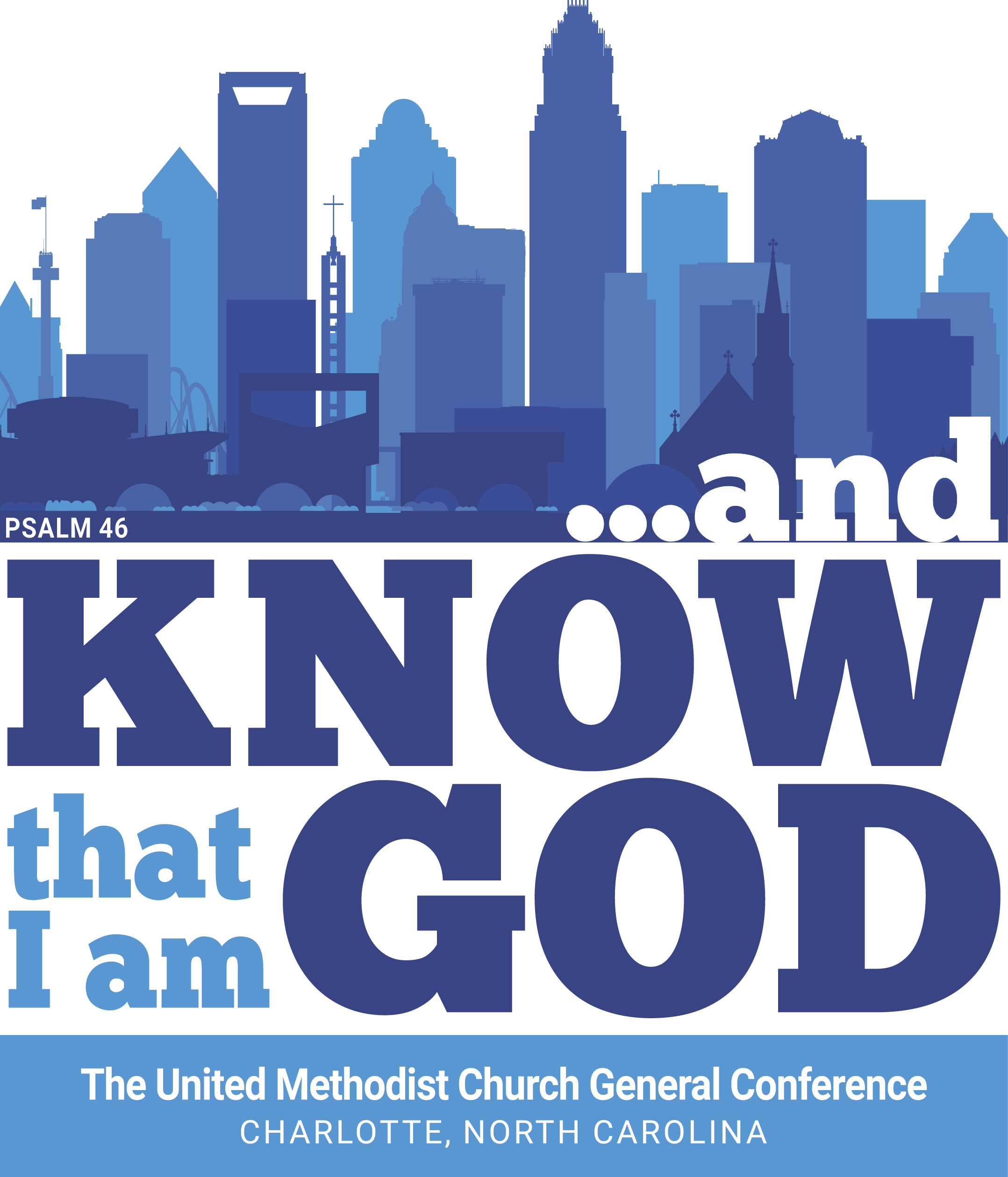 The updated General Conference logo was revealed on May 31, 2023. The original theme “… and know that I am God,” based on an excerpt from Psalm 46:10, moves forward now paired with a Charlotte skyline image representative of the new host city. The image was designed by the commission in partnership with United Methodist Communications. Vertical, color version of the updated GC logo.