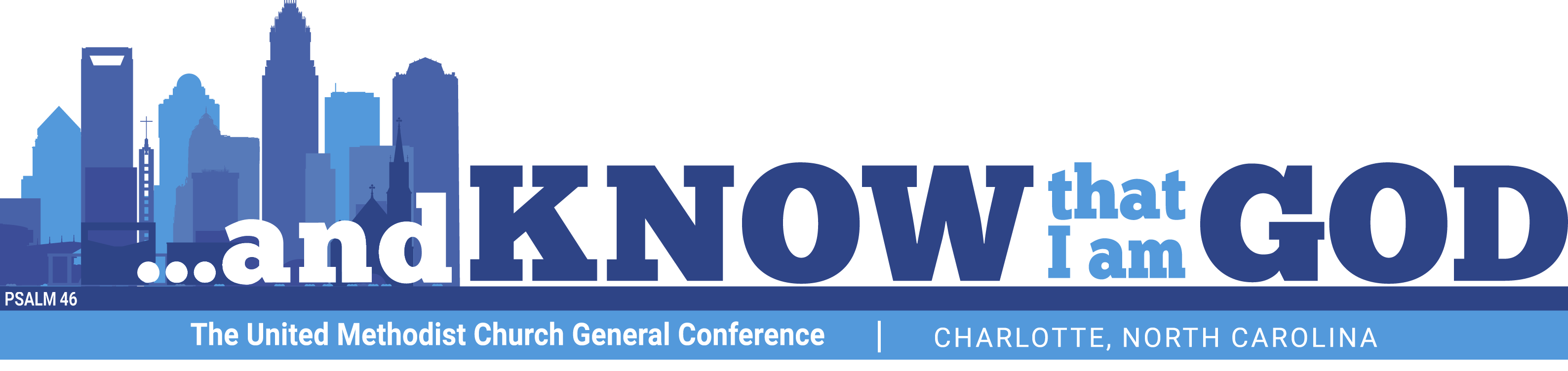 The updated General Conference logo was revealed on May 31, 2023. The original theme “… and know that I am God,” based on an excerpt from Psalm 46:10, moves forward now paired with a Charlotte skyline image representative of the new host city. The image was designed by the commission in partnership with United Methodist Communications. Horizontal, color version of the updated GC logo.