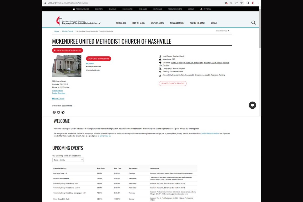 Sample view of a new Find-A-Church page. (Image courtesy of United Methodist Communications)