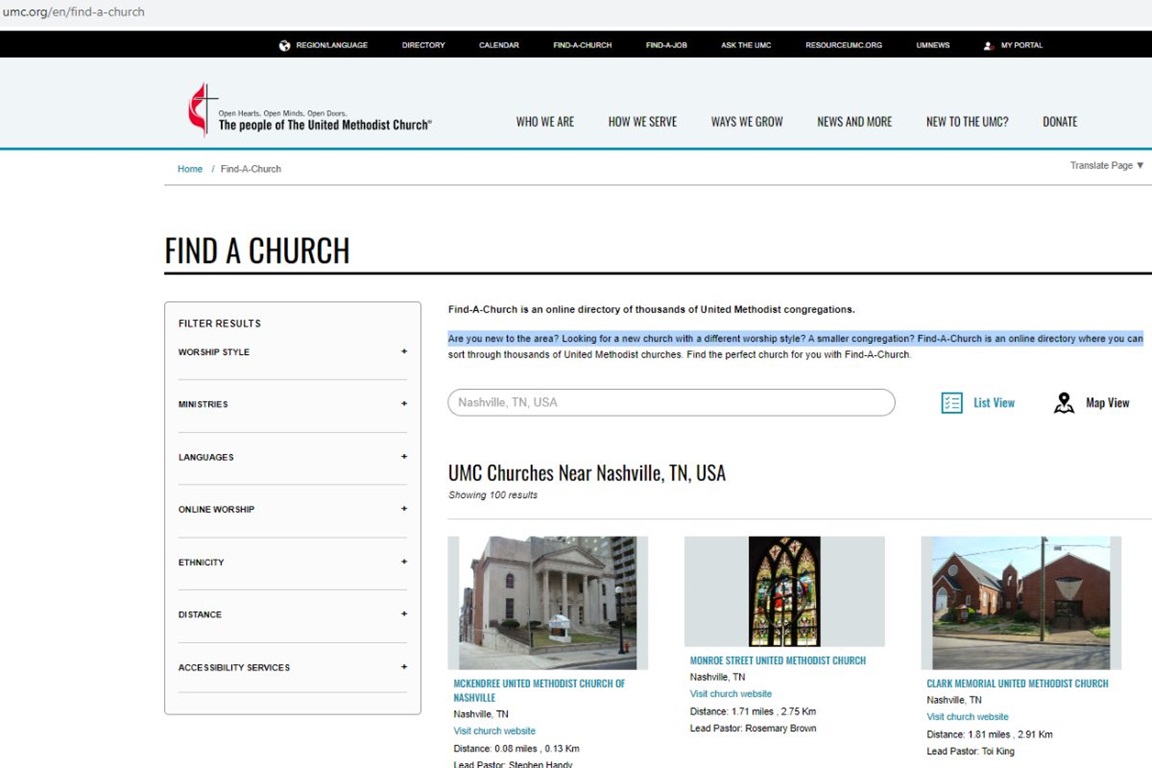 Screenshot of Find-A-Church main page. (United Methodist Communications)