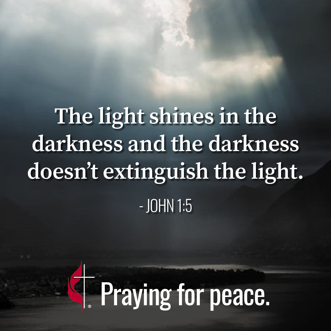 United Methodists are praying for peace in the Middle East. Israel declared war on Hamas after the militant Palestinian group invaded Israel from the Gaza Strip on October 7, 2023. Light breaking through clouds social media image (1080x1080).