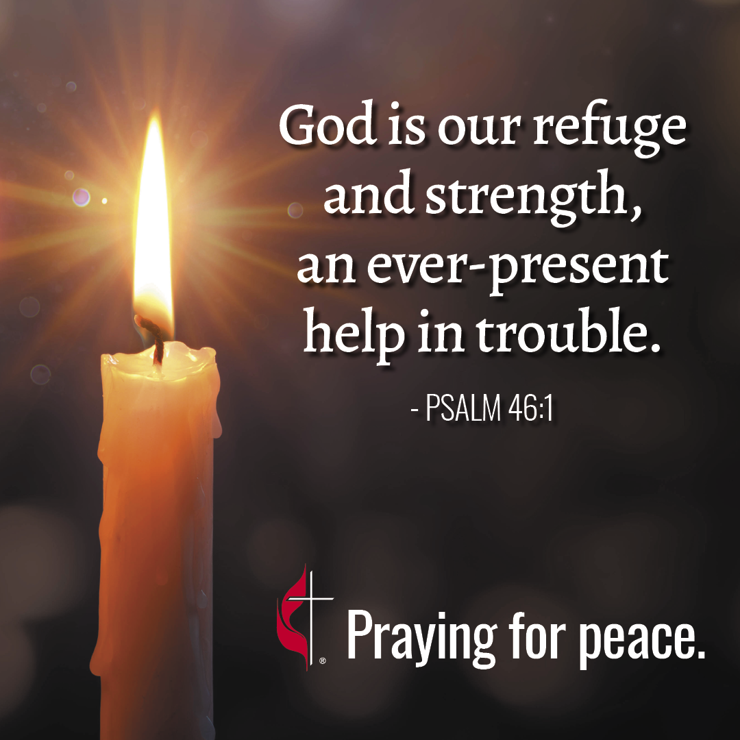 United Methodists are praying for peace in the Middle East. Israel declared war on Hamas after the militant Palestinian group invaded Israel from the Gaza Strip on October 7, 2023. Candle social media image (1080x1080).