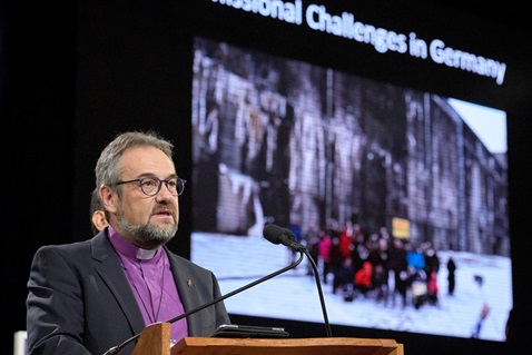 Bishop Harald Rückert speaks to the February 23, 2019, opening session of the Special Session of the General Conference of The United Methodist Church. He is the resident bishop of the Germany Central Conference of the United Methodist Church. Photo by Paul Jeffrey for United Methodist News Service.