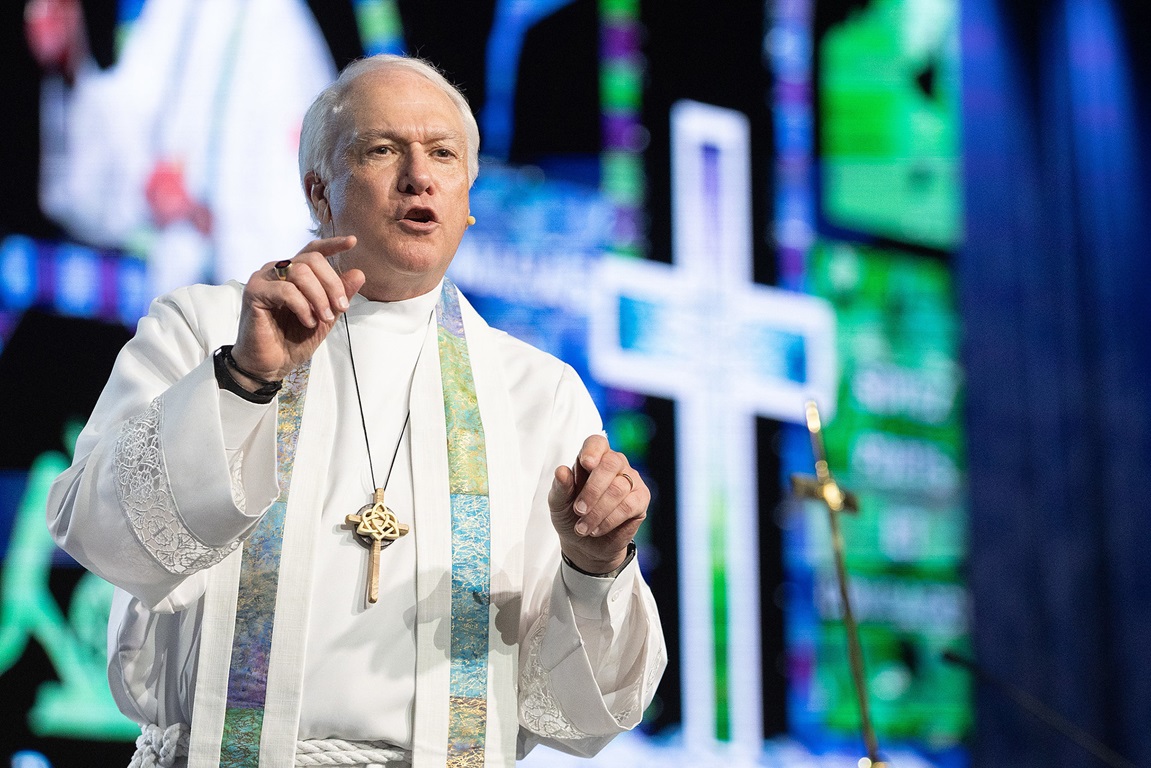 Bishop Thomas J. Bickerton gives the sermon during opening worship for the 2024 United Methodist General Conference in Charlotte, N.C. Photo by Mike DuBose, UM News.