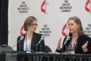 Ashley Boggan D. (left), top executive of the United Methodist Commission on Archives and History, and the Rev. Molly Vetter, senior pastor of Westwood United Methodist Church in Los Angeles, talk about the new United Methodist Stories app unveiled by the agency during a press conference April 29 at General Conference in Charlotte, N.C. Photo by Crystal Caviness, United Methodist Communications.