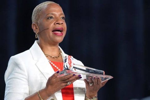 Bishop Tracy Smith Malone speaks after accepting the gavel from COB President Bishop Bickerton during the 2024 United Methodist General Conference in Charlotte, N.C. Tuesday April 30, 2024.  Photo by Larry McCormack, UM News.